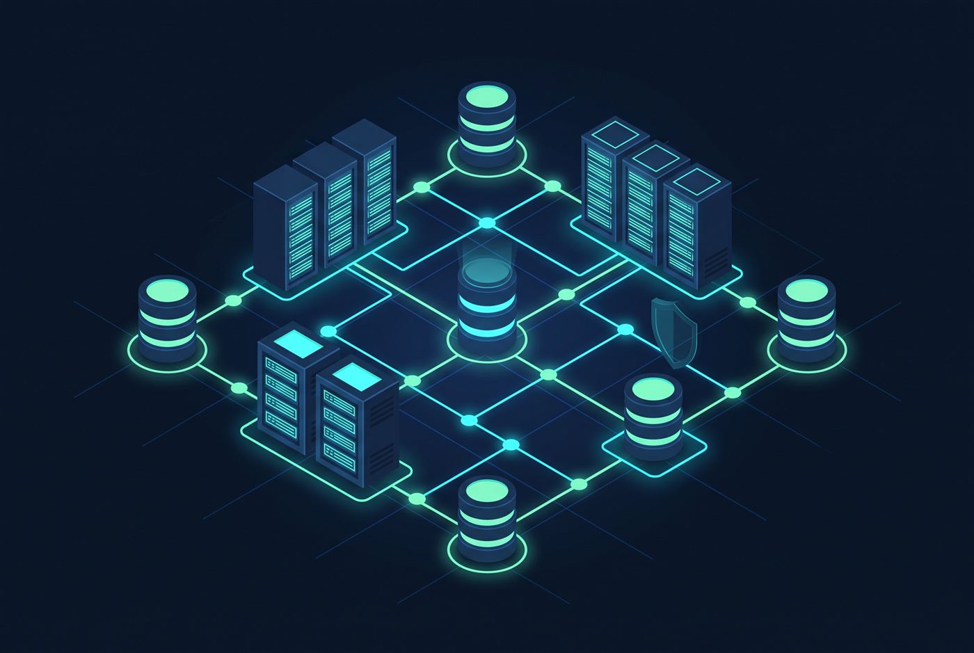 Illustration abstraite d’une API backend sécurisée reliant plusieurs services.